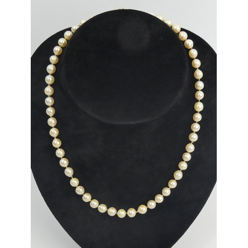 18 - A 46 cm cultured pearl necklace with a 9ct gold clasp, London 1961. 6.8 mm pearls. UK Postage £12.