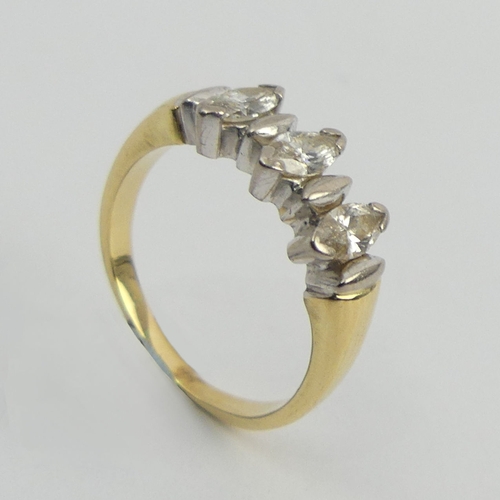 31 - 18ct gold tested marquise diamond trilogy ring, 4.5 grams. Size L, 6.8 mm wide. UK Postage £12.