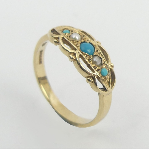 38 - 9ct gold turquoise and seed pearl ring, 1.7 grams. Size K, 7.1 mm wide. UK Postage £12.