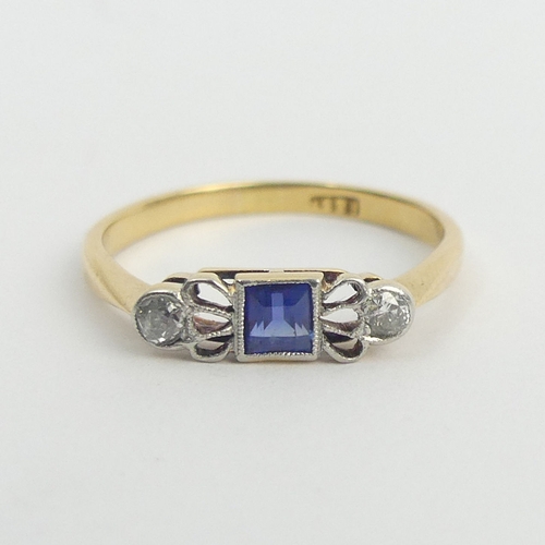 44 - 18ct gold sapphire and diamond ring, 2.1 grams. Size N, 4.2 mm. UK Postage £12.