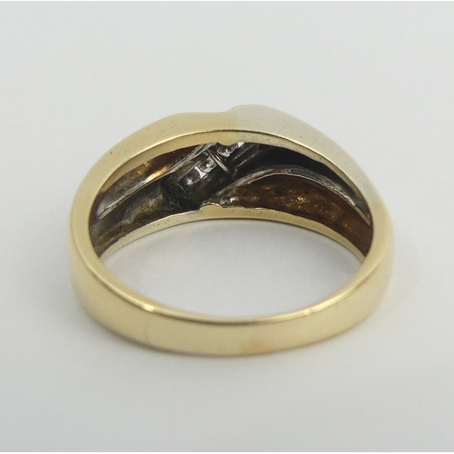 47 - 9ct gold three colour diamond ring, 6.4 grams. Size V, 9.6 mm wide. UK Postage £12.