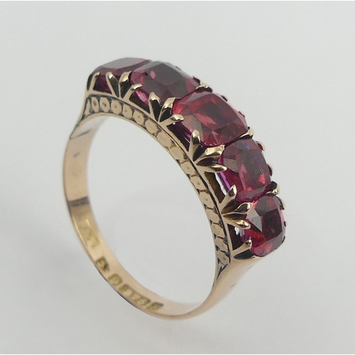 52 - 9ct rose gold pink tourmaline five stone ring, Chester 1888, 3.6 grams. Size Q 1/2, 6.4 mm wide. UK ... 
