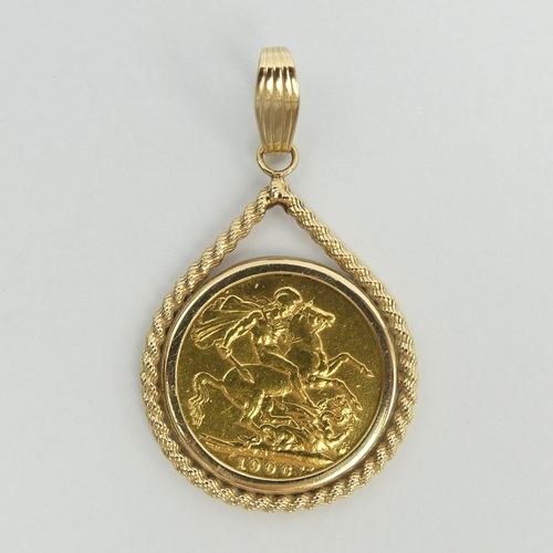 53 - 9ct gold pendant mount with a 1906 full sovereign, 9.8 grams. 44 mm long. UK Postage £12.