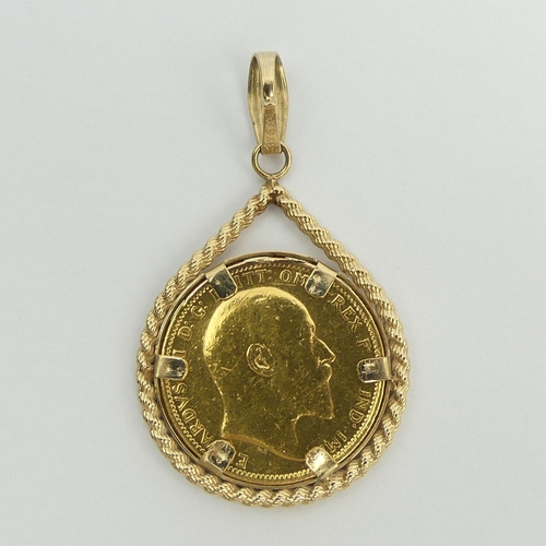 53 - 9ct gold pendant mount with a 1906 full sovereign, 9.8 grams. 44 mm long. UK Postage £12.