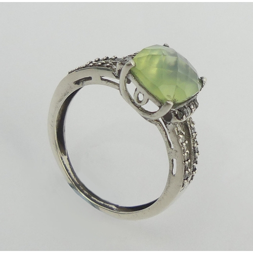 55 - Sterling silver prehnite and diamond ring, 3 grams. Size O, 10.35 mm wide. UK Postage £12.
