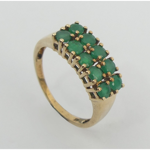 59 - 9ct gold two row emerald ring, 2.7 grams. Size N 1/2, 7.5 mm. UK Postage £12.