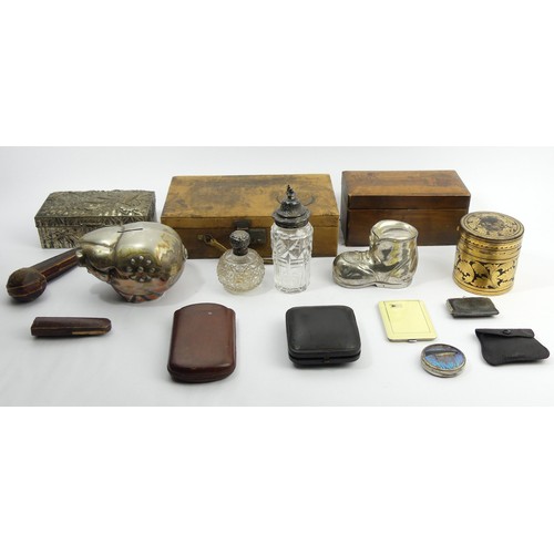 272 - A box of collectable items, including a silver topped perfume bottle, Birm.1901, various boxes and s... 