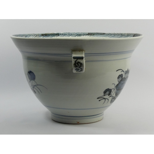 279 - Large Chinese blue and white porcelain twin handled bowl. 24 x 37 cm. UK Postage £32.