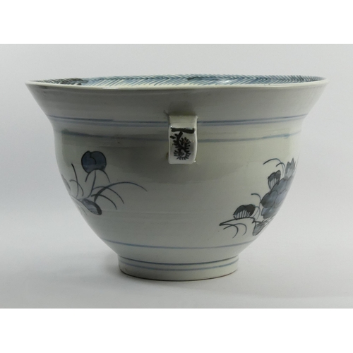 279 - Large Chinese blue and white porcelain twin handled bowl. 24 x 37 cm. UK Postage £32.