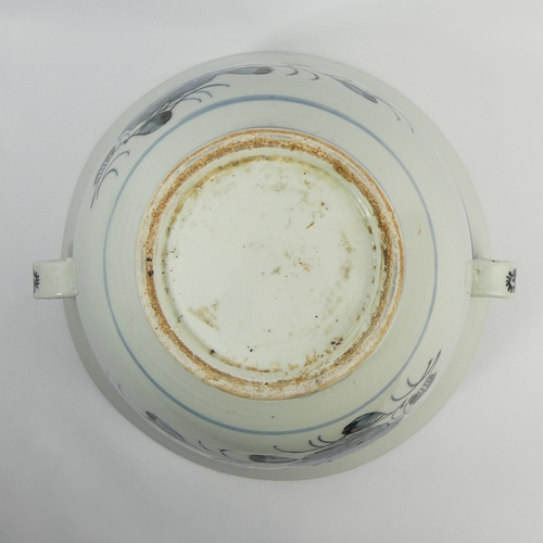 279 - Large Chinese blue and white porcelain twin handled bowl. 24 x 37 cm. UK Postage £32.