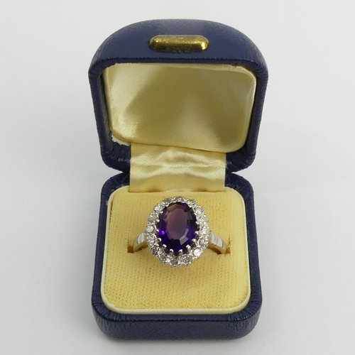 19 - 850 Platinum amethyst and diamond cluster ring, 9 grams. Size U, 17.1 mm. UK Postage £12.