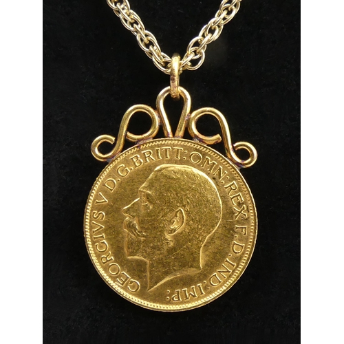 20 - 1912 full sovereign pendant on a 9ct gold chain, 16.2 grams. Chain 58 cm. UK Postage £12.