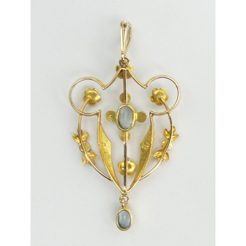 3 - 15ct gold Art Nouveau aquamarine and seed pearl pendant, 3.9 grams. 50 mm long. UK Postage £12.