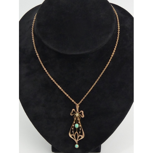 25A - 9ct gold Art Nouveau turquoise and seed pearl pendant and chain, 5.1 grams. Chain 46 cm, pendant 5 c... 