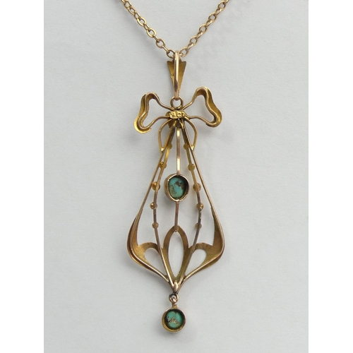 25A - 9ct gold Art Nouveau turquoise and seed pearl pendant and chain, 5.1 grams. Chain 46 cm, pendant 5 c... 