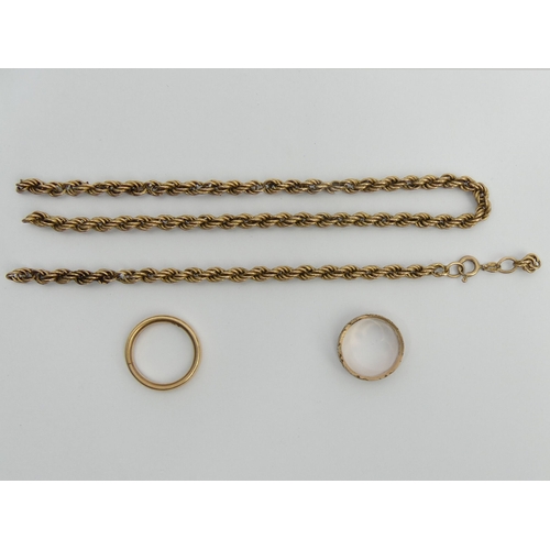 31 - Two 9ct gold wedding rings and a part 9ct gold necklace, 18.4 grams. Sizes R & P 1/2. UK Postage £12... 