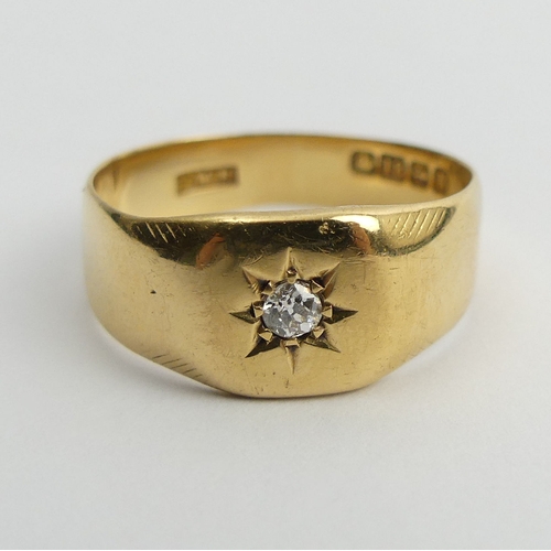 32 - 18ct gold diamond set signet ring, 5.5 grams, Birm.1862. Size T, 9.1 mm wide. UK Postage £12.