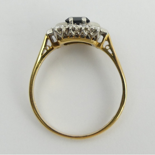 33 - 18ct gold sapphire and diamond ring, 4.6 grams. Size U, 11.4 mm wide. UK Postage £12.