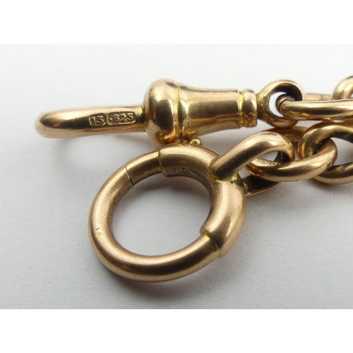 34 - 15ct gold pocket watch sliding-t and double clip Albert chain, 44.2 grams. 385 x 5.7 mm. UK Postage ... 