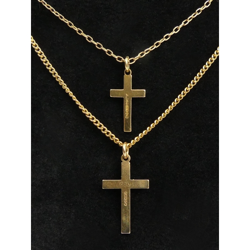 38 - Two 9ct gold cross pendants and chains, 5.9 grams. Chains 40 cm, pendants 22 mm. UK Postage £12.