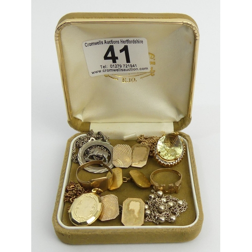 41 - A box of jewellery including two 9ct gold rings (3.8 grams). UK Postage £12.