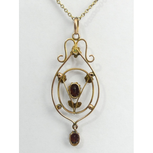 42 - 9ct gold garnet and seed pearl pendant and chain, chain 42 cm, pendant 52 mm. 4.9 grams. UK Postage ... 