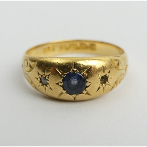 46 - Edwardian 18ct gold sapphire and diamond ring, Chester 1907, 2.4 grams. Size M, 7.5 mm wide. UK Post... 