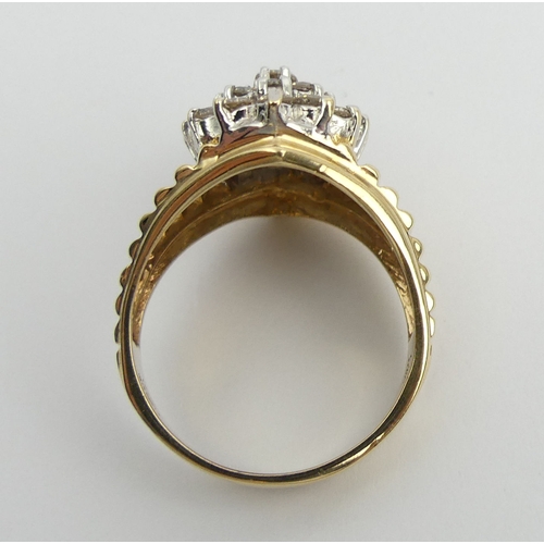 50 - 9ct gold large diamond cluster ring, 8.6 grams. Size V 1/2, 20.5 mm. UK Postage £12.