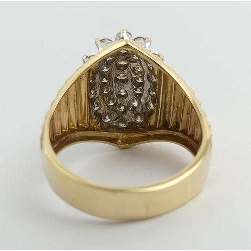 50 - 9ct gold large diamond cluster ring, 8.6 grams. Size V 1/2, 20.5 mm. UK Postage £12.