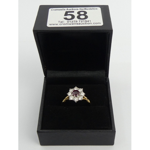 58 - 18ct gold ruby and diamond cluster ring, 4.9 grams. Size U, 13.4 mm. Centre stone approx 1/2ct, diam... 