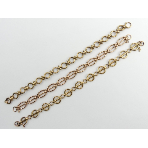 69 - Three 9ct gold bracelets, two lacking padlocks. 41.9 grams. 20.5 cm. UK Postage £12.