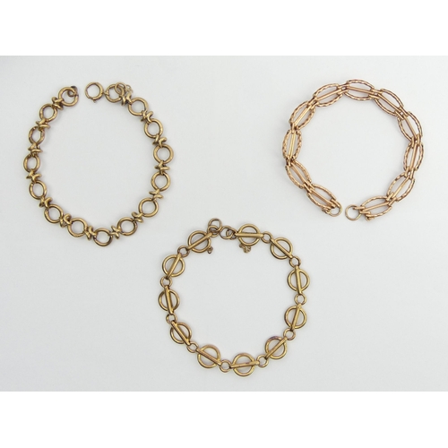 69 - Three 9ct gold bracelets, two lacking padlocks. 41.9 grams. 20.5 cm. UK Postage £12.