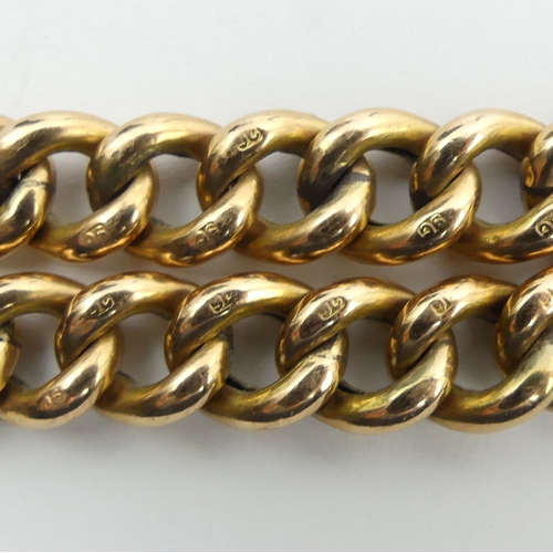 75 - 9ct gold textured and plain curb link gate bracelet, 18.6 grams. 10 mm wide. UK Postage £12.