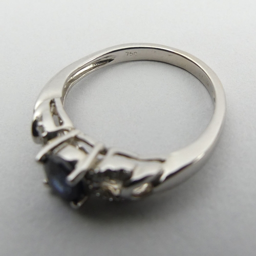 90A - 18ct white gold sapphire and diamond ring, 3 grams. Size K 1/2, 5.4 mm wide. UK Postage £12.