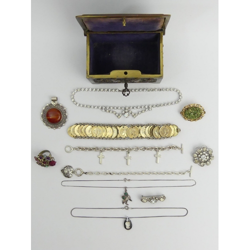 91 - A brass plush lined trinket box, containing costume and other jewellery including a silver and carne... 