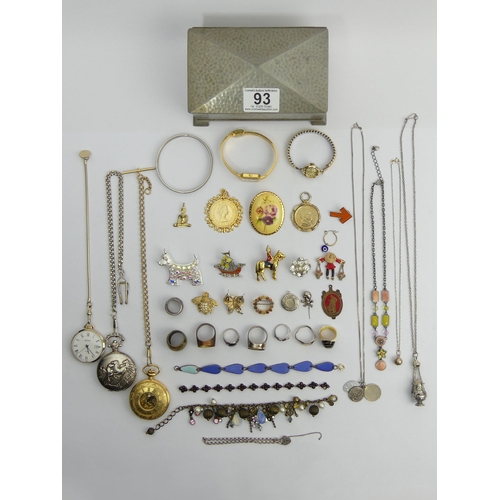 93 - A pewter casket of mixed jewellery and watches including a Bohemian garnet bracelet. UK Postage £12.