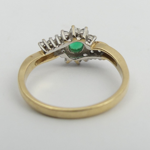 98 - 9ct gold green and white stone ring, 2.6 grams. Size P, 9 mm wide. UK Postage £12.