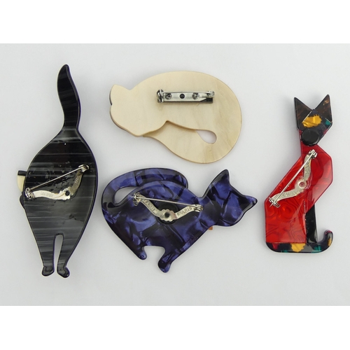 108 - Three 1930's Paris Lea Stein celluloid brooches of cats and one other. Largest 98 mm. UK Postage £12... 