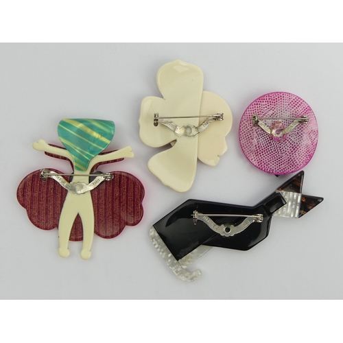 113 - Four 1930's Paris Lea Stein celluloid brooches of a cat, a girls head, a crinoline lady and a hat. L... 