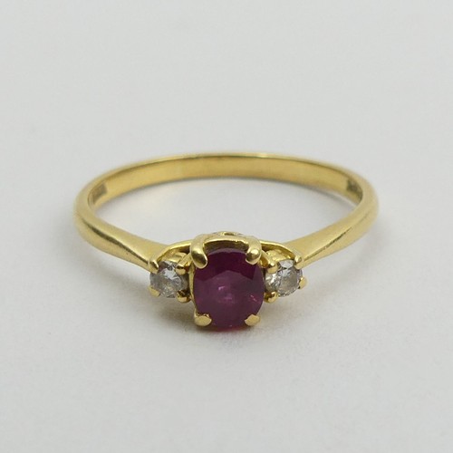 116 - 18ct gold ruby and diamond three stone ring, 3 grams. Size S 1/2, 5.6 mm. UK Postage £12.