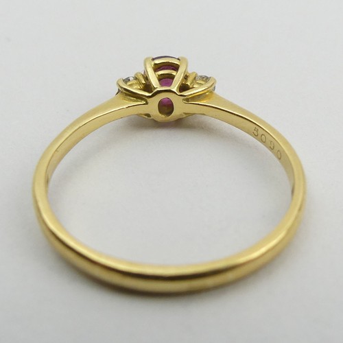 116 - 18ct gold ruby and diamond three stone ring, 3 grams. Size S 1/2, 5.6 mm. UK Postage £12.