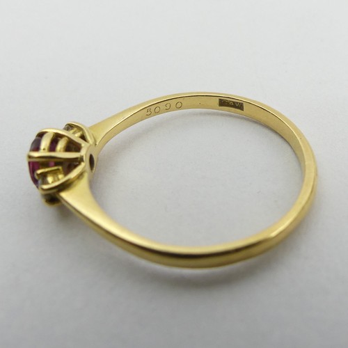 116 - 18ct gold ruby and diamond three stone ring, 3 grams. Size S 1/2, 5.6 mm. UK Postage £12.