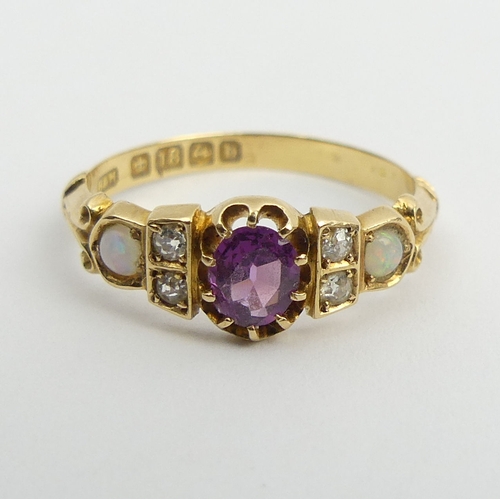 129 - Edwardian 18ct gold tourmaline?, diamond and opal ring, Birm.1901. 2.4 grams. Size M 1/2, 7 mm wide.... 