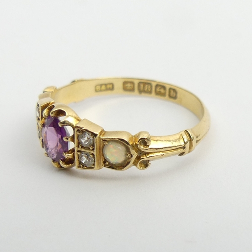 129 - Edwardian 18ct gold tourmaline?, diamond and opal ring, Birm.1901. 2.4 grams. Size M 1/2, 7 mm wide.... 