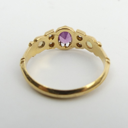 129 - Edwardian 18ct gold tourmaline?, diamond and opal ring, Birm.1901. 2.4 grams. Size M 1/2, 7 mm wide.... 