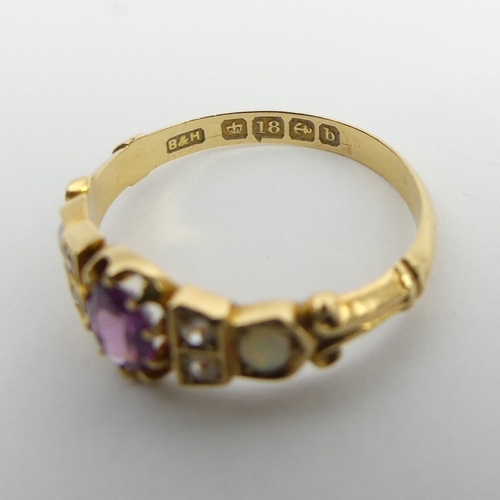 129 - Edwardian 18ct gold tourmaline?, diamond and opal ring, Birm.1901. 2.4 grams. Size M 1/2, 7 mm wide.... 