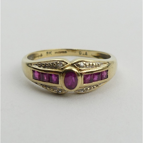 150A - 9ct gold seven stone ruby and diamond ring, 3.1 grams. Size U, 7.8 mm wide. UK Postage £12.