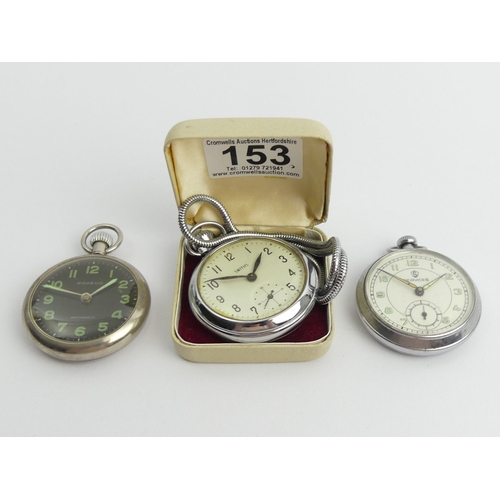 153 - Three pockets watches, Smiths, Services and a Roxedo. UK Postage £12.