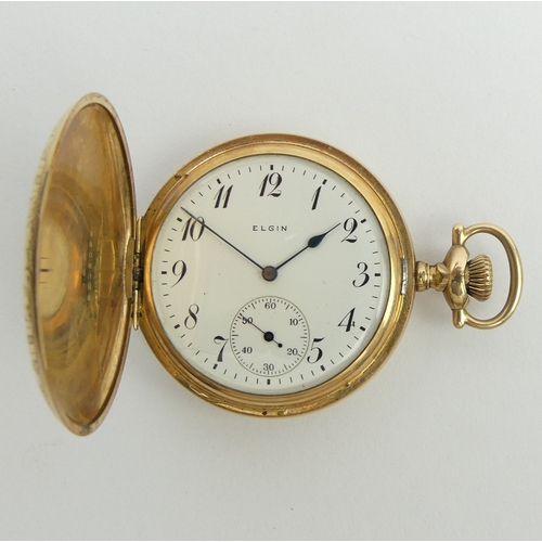 170B - An Elgin gold plated full hunter pocket watch, 70 x 50 mm. UK Postage £12.