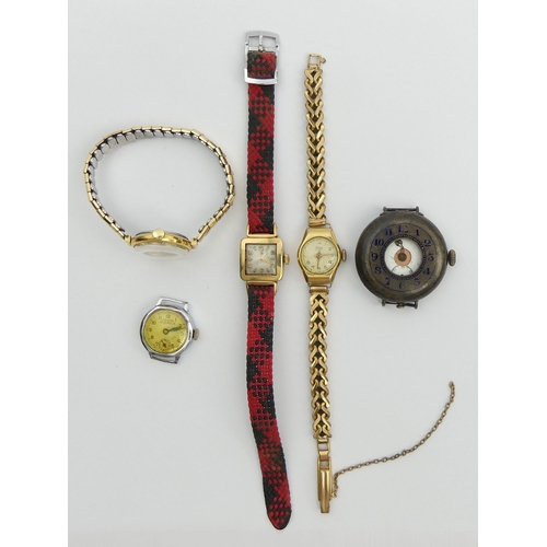 170D - A 9ct gold Cyma watch, 3 ladies wristwatches and a silver wrist watch. UK Postage £12.